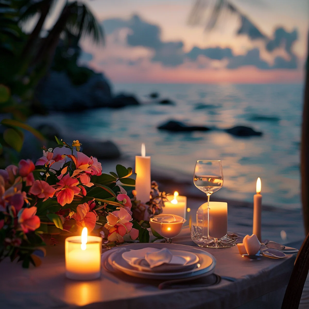 Dîner romantique privé sur une plage de sable blanc