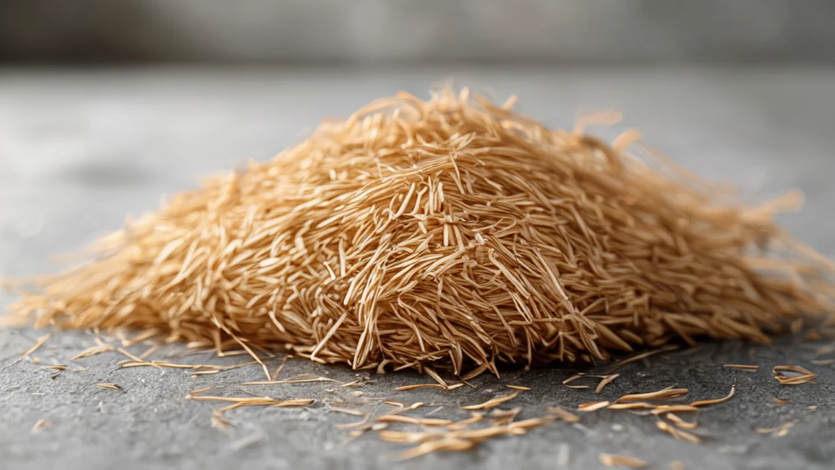 Rice Hull, light brown fibrous strands, uneven rough texture, resting on concrete slab, clean studio softbox, shallow depth of field, photorealistic, sharp focus, high detail