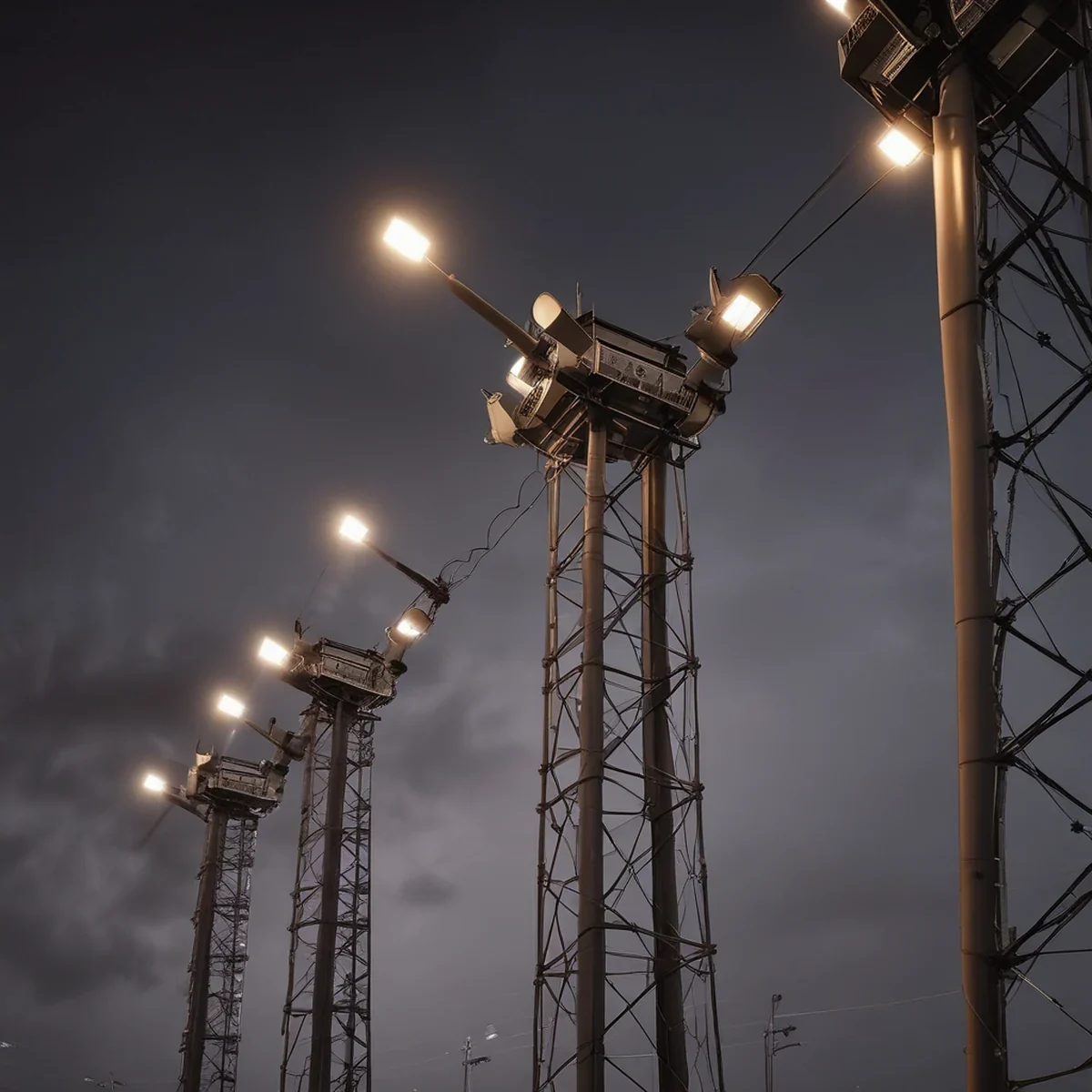 Grands pylônes métalliques éclairant le ciel nocturne sombre d'un stade