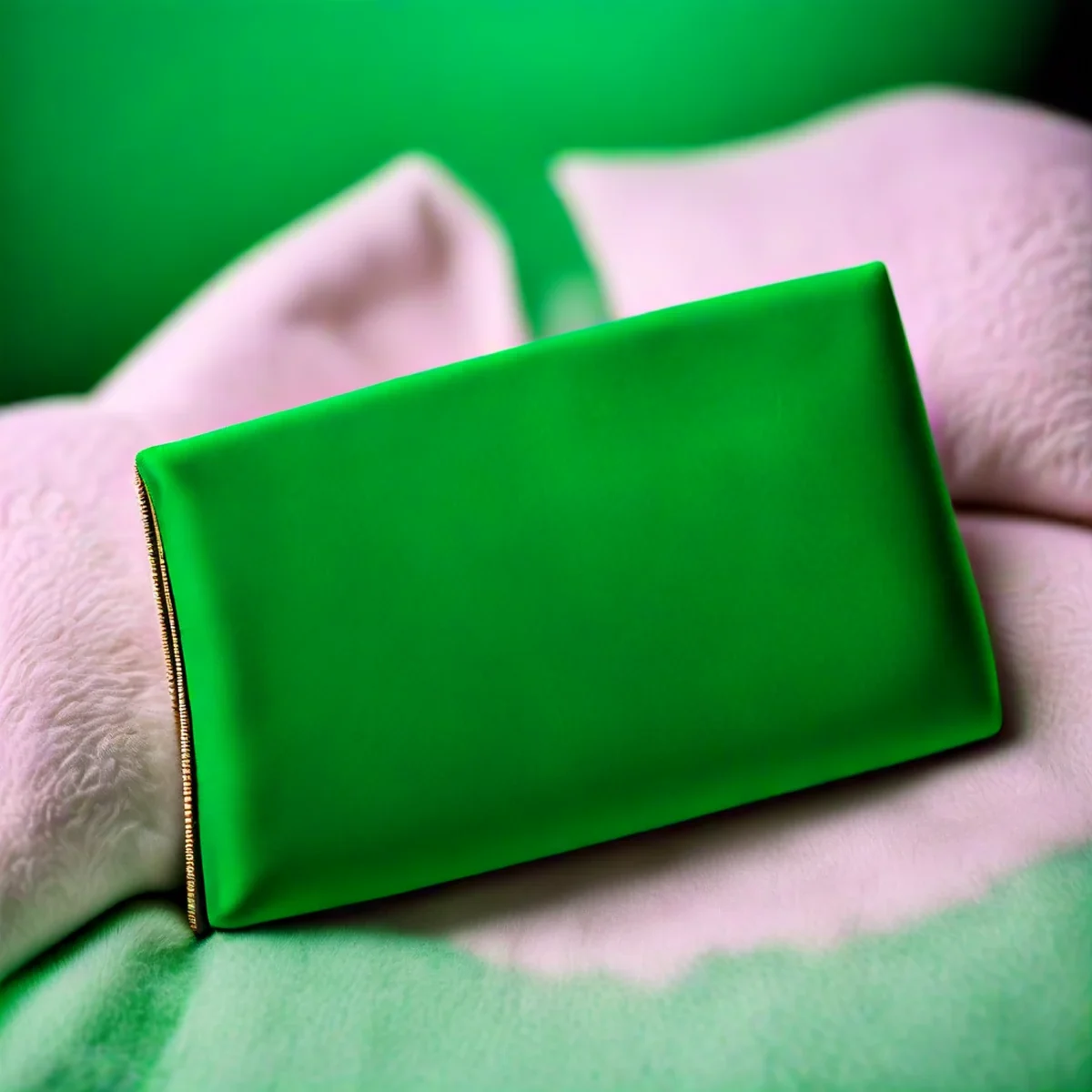 Una borsa di design appoggiata su un morbido cuscino di velluto colorato