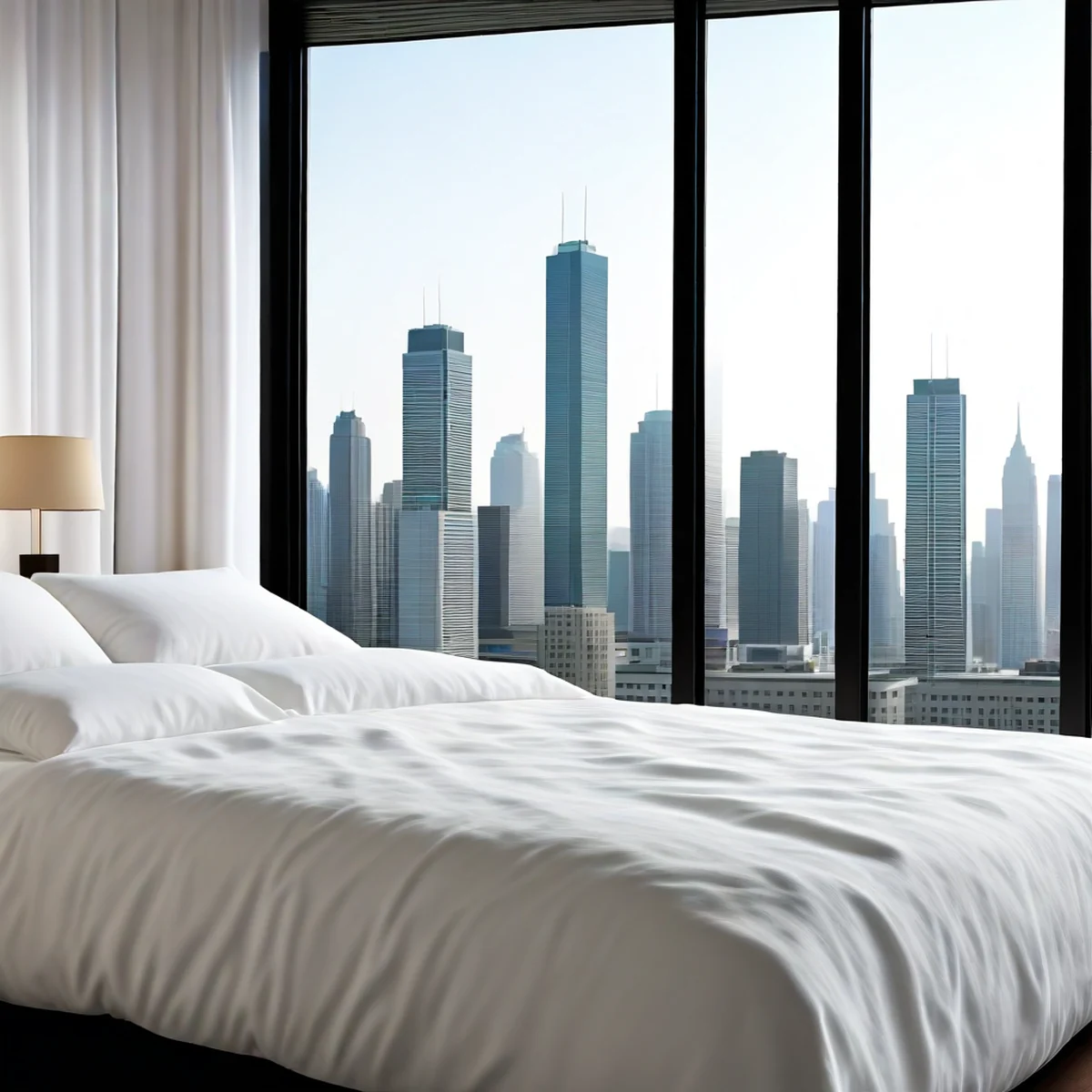 Une chambre d'hôtel de luxe avec une vue à travers une fenêtre sur un paysage.