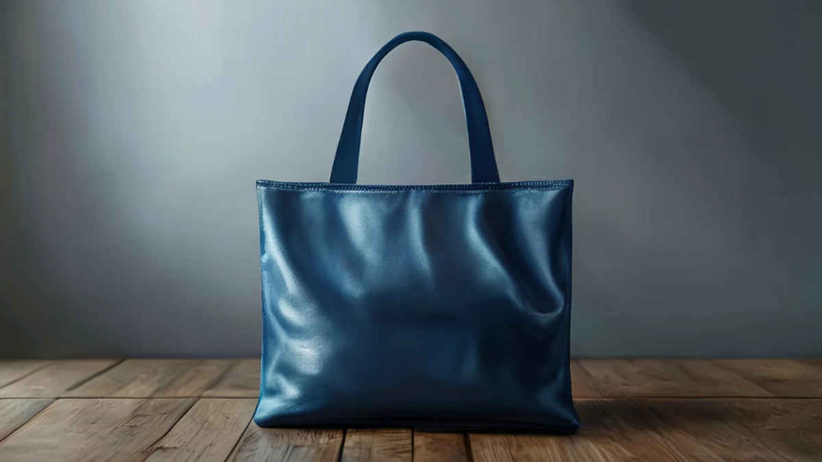 Sac en tissu lisse, rectangulaire, bleu profond, au centre sur une table en bois, sous un ciel gris.