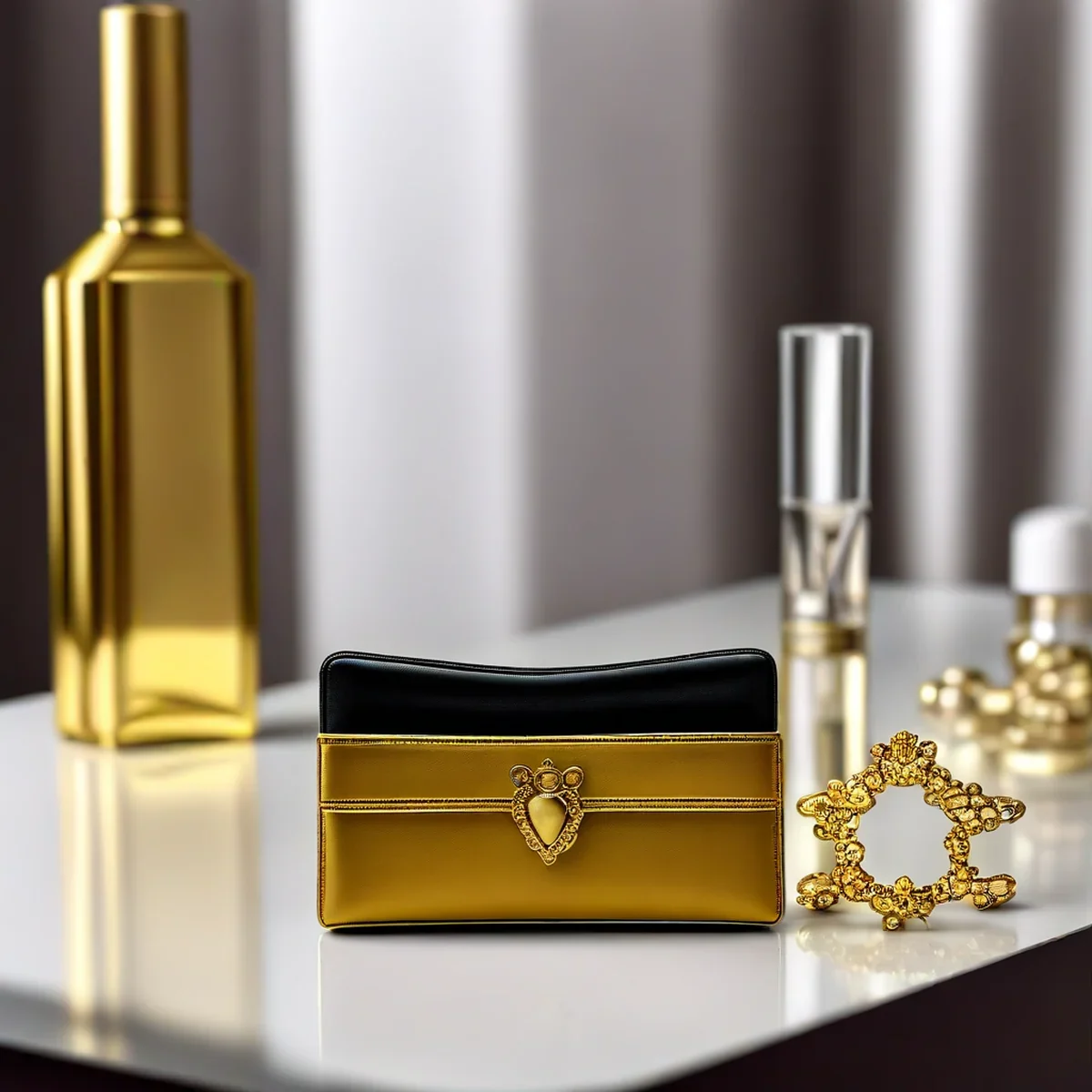 Pequeño bolso de diseñador junto a frascos de perfume y joyas en tocador