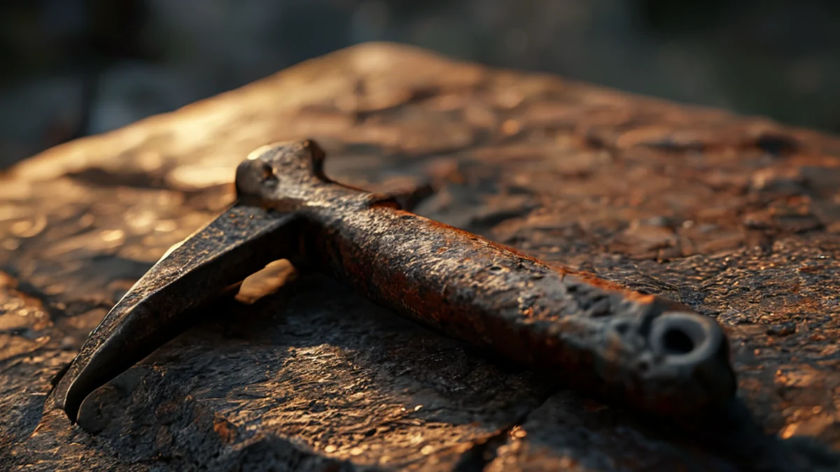 Un hache de hierro oxidado, pesada, con un borde afilado, reposando sobre una placa de piedra, bajo una luz cálida de lado, profundidad de campo baja, realismo fotográfico, enfoque neto, detalles altos