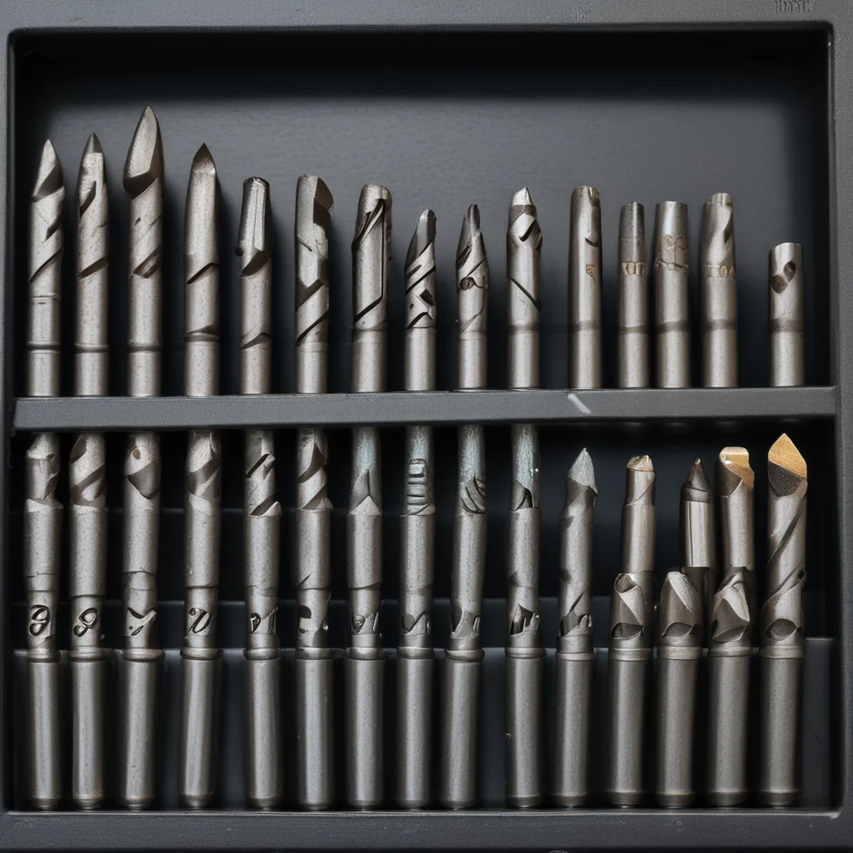Mehrere Metallbohrer, die in einem schwarzen Kunststoffgehäuse organisiert sind