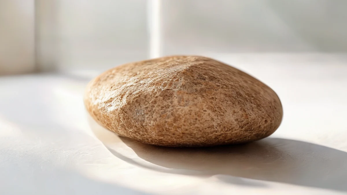 Sandy beach with smooth, rounded rocks.
