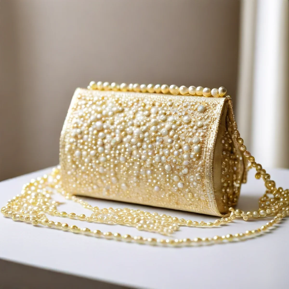 Small evening clutch bag next to pearl necklace and gold earrings on vanity