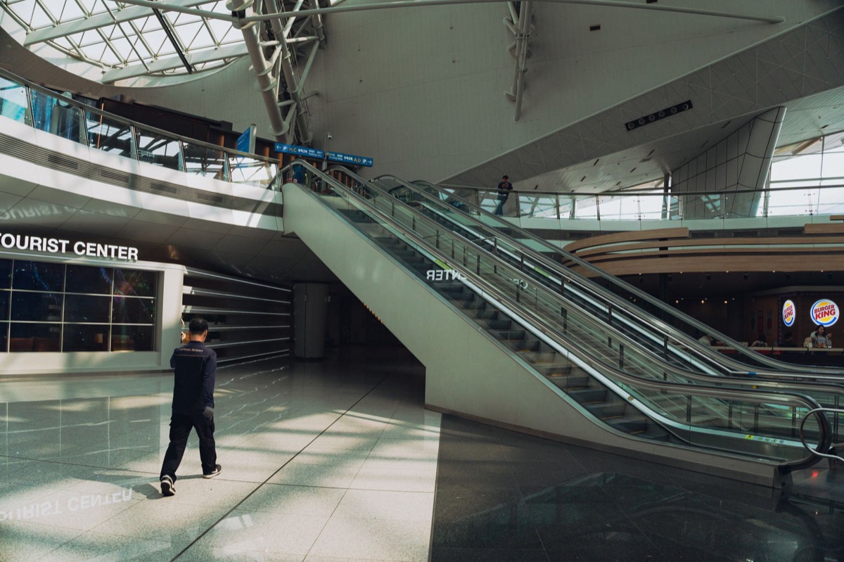 Hotel lobby with escalator