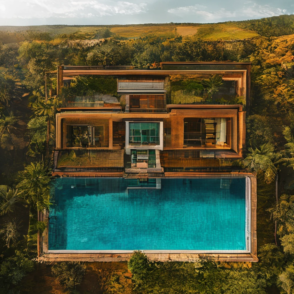 Resort building with infinity pool and green landscape