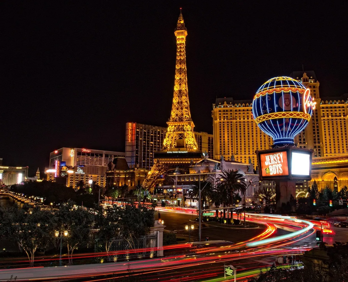 las vegas, eiffel tower, buildings, architecture, illuminated, city lights, motion blur, long exposure, casino, city, cityscape, downtown, night, gambling, hote