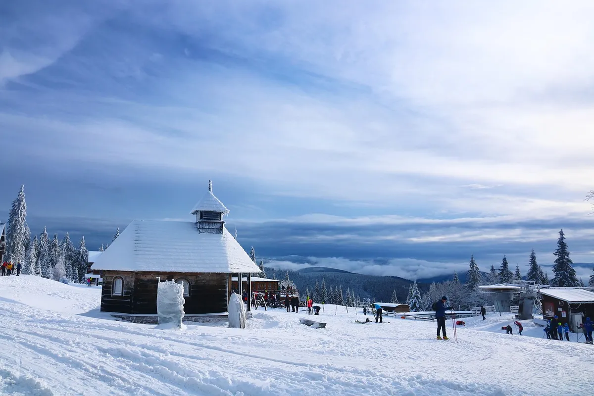 chapel, snow, mountain, town, nature, buildings, people, winter, cold, tourism, snowy, alpine, alps, winter landscape, landscape, view